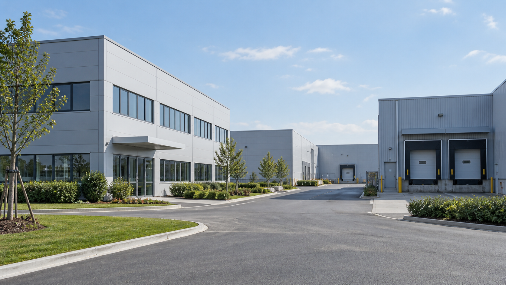 Illustrative modern factory exterior; not a photograph of PrintPolyBags facilities